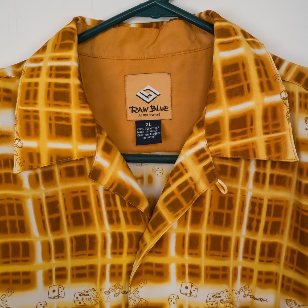Raw Blue Button Down Shirt Mens XL Yellow Grid Dice Graphic Print Polyester - Picture 5 of 13